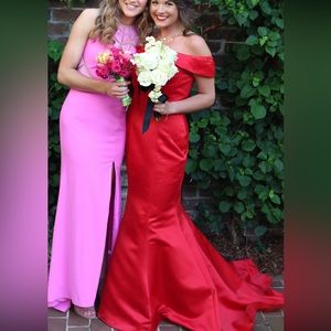 Dave & Johnny Tomato Red Off-the-Shoulder Dress with beautiful, long train